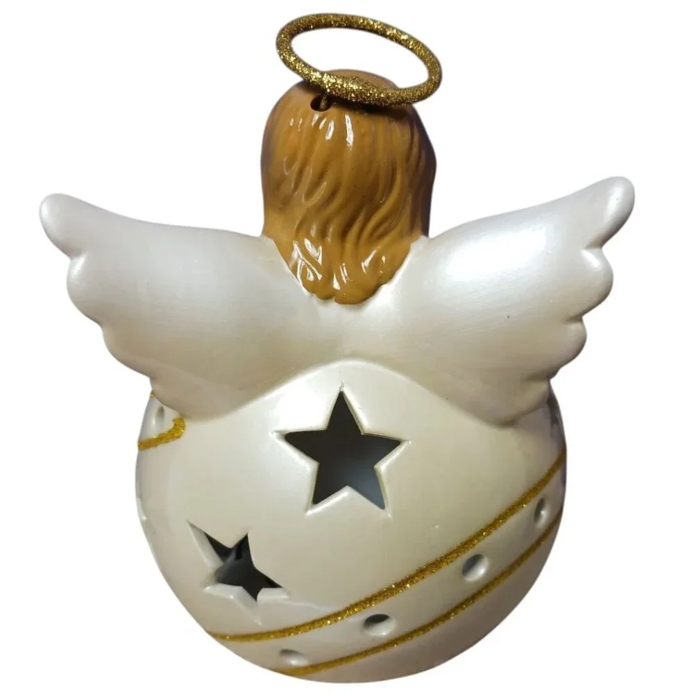 QVC Ceramic Angel Flameless Candle Luminaries Ornament Gold Glitter cream
